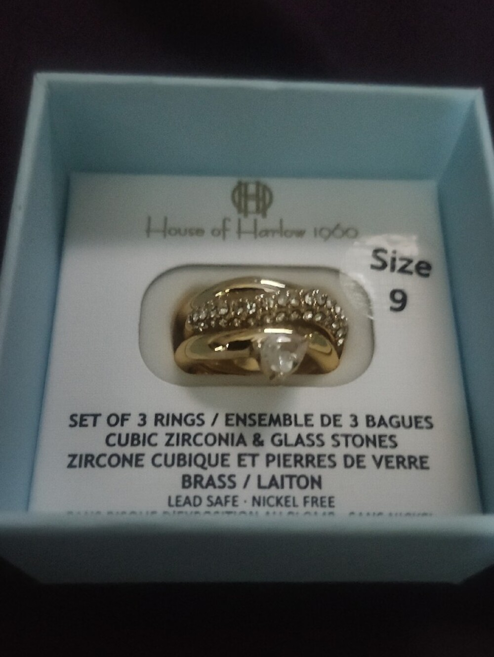 House of Harlow 1960 Gold and Cubic Zirconia & Glass stones 3  Stacking Ring Set